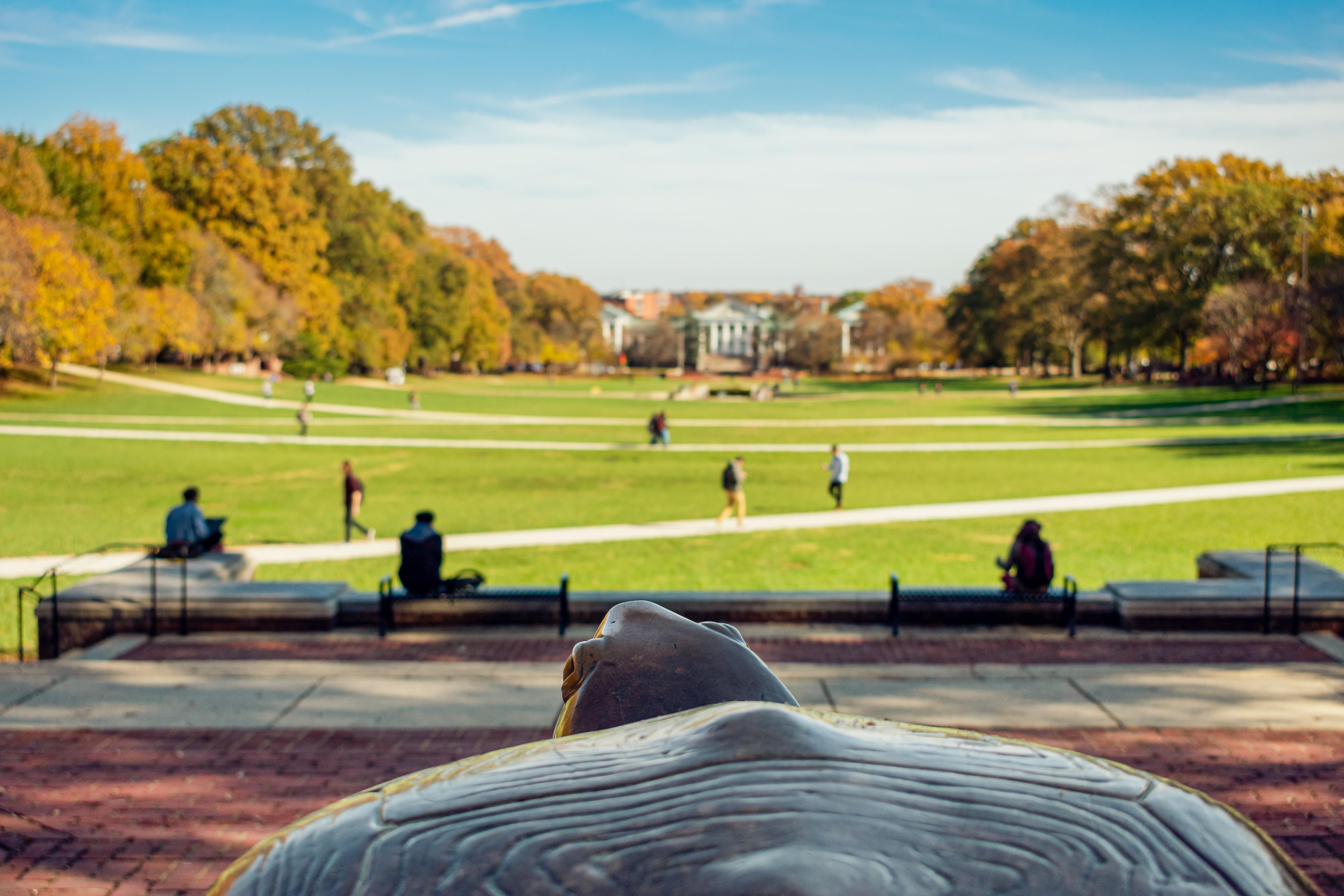 Fall foliage view of the mall from behind Testudo 